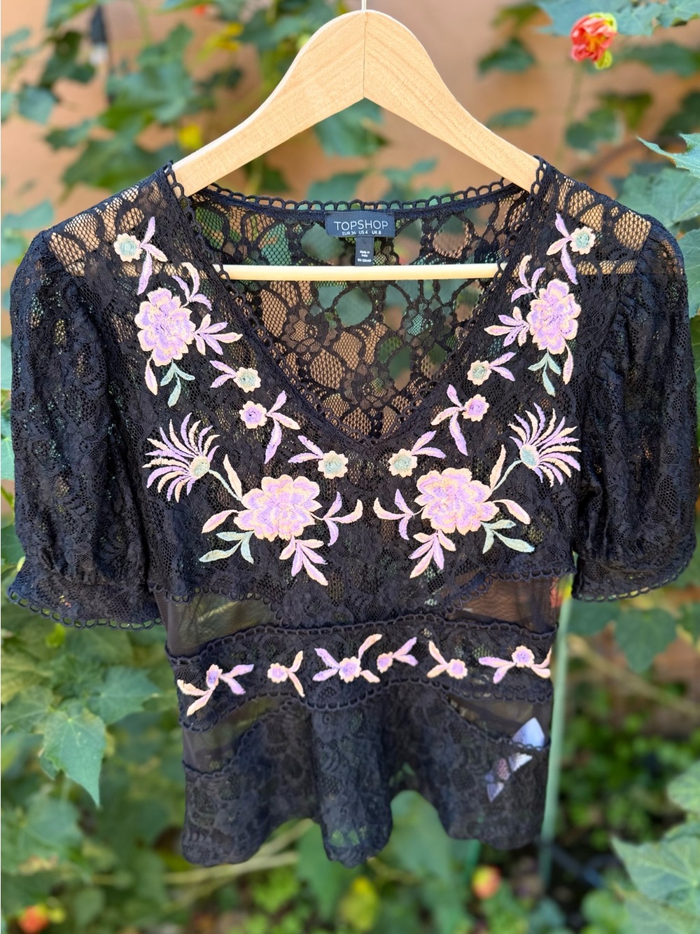 Topshop Black Lace Top with Pink Floral Embroidery Size 4